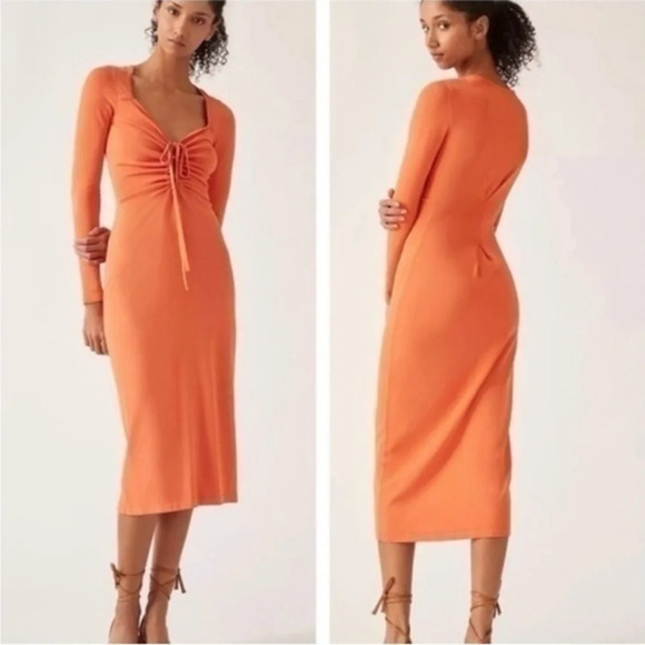 NWT Anthropologie Callahan Orange Tie Front Cut-Out Stretch Knit Midi Dress XS - Picture 1 of 13